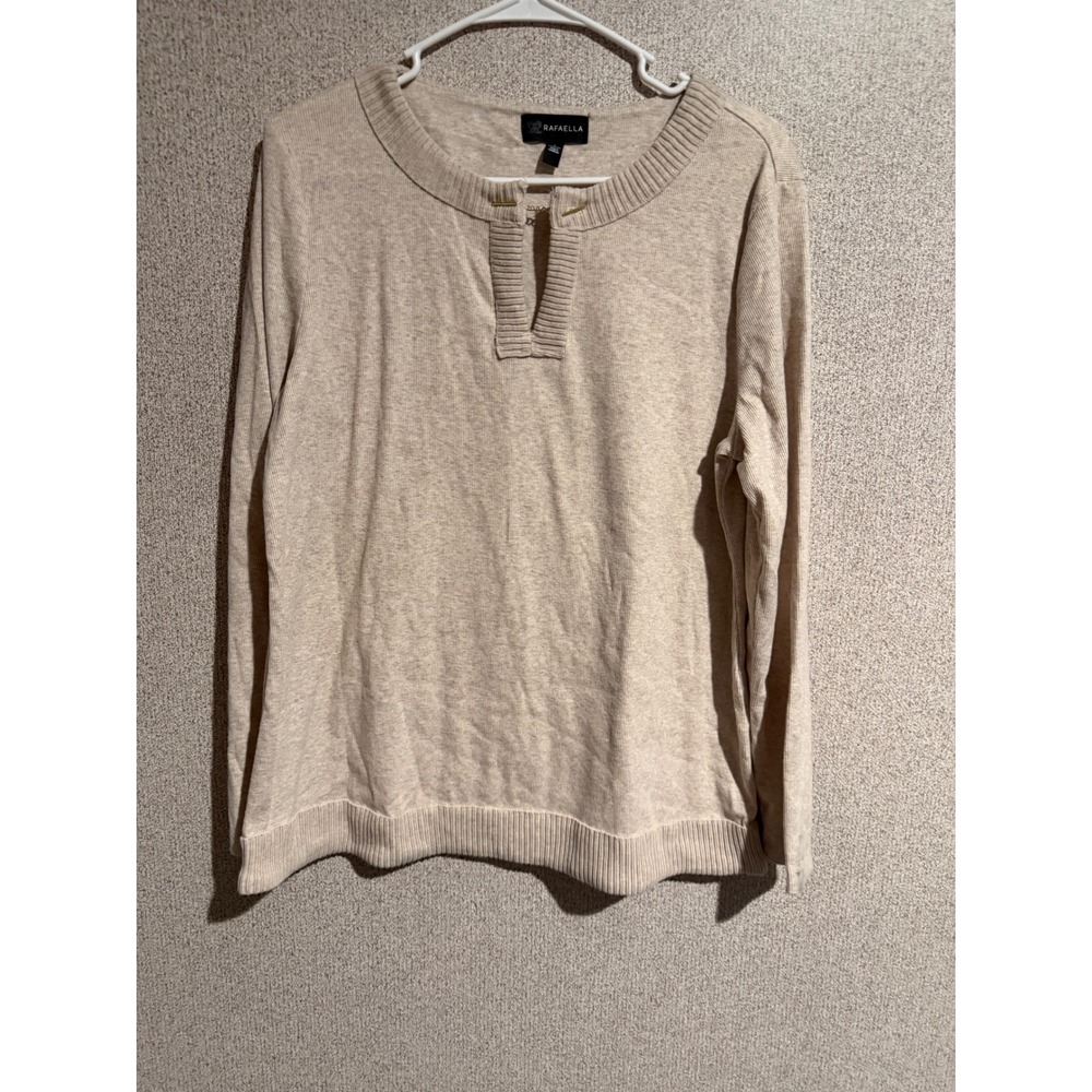 Rafaella Womens Beige Knit Top Gold Chain Split Neck Long Sleeve Sweater Large